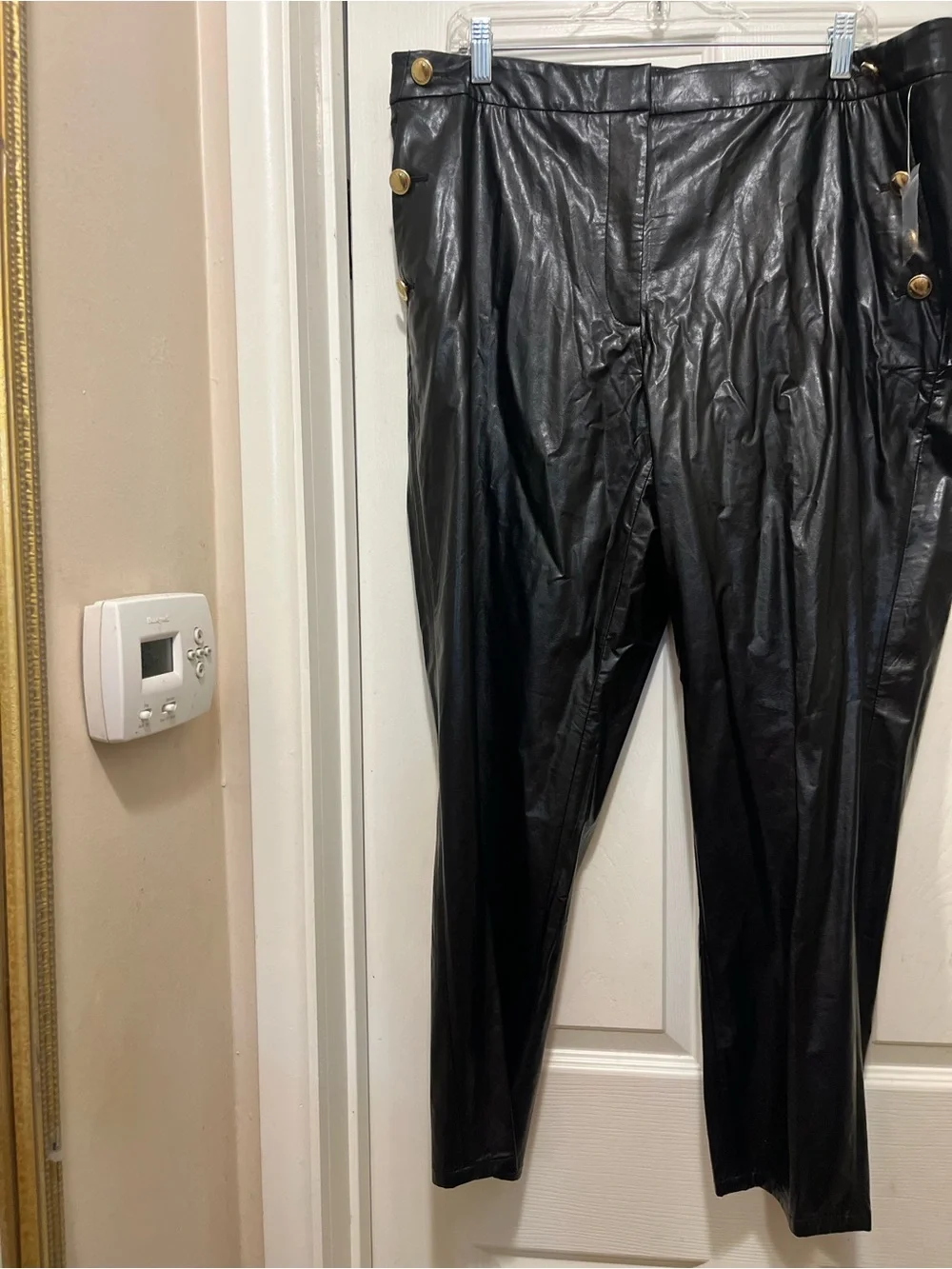 Michael Kors Black Faux Leather High-Waist Pants with Gold Buttons